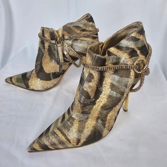 Roberto Cavalli Zebra Metallic Brocade Heels Gold Sole Pointed Toe EU 39 Italy - Picture 4 of 8